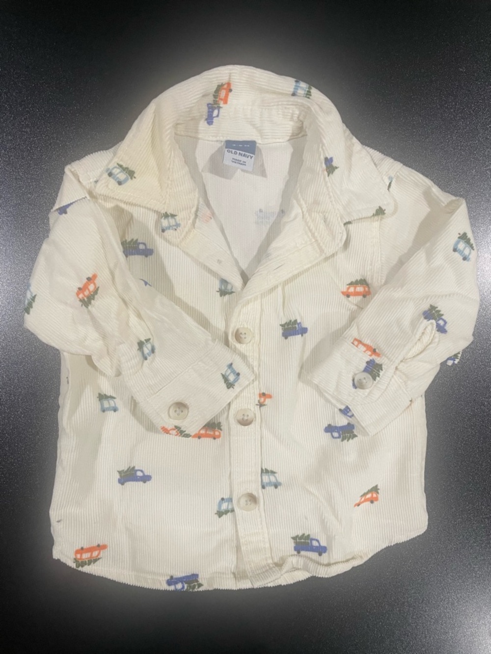 Old Navy Cream Corduroy Button-Down w/ Tiny Car & Trees Print 3-6mo.🎄 🛻